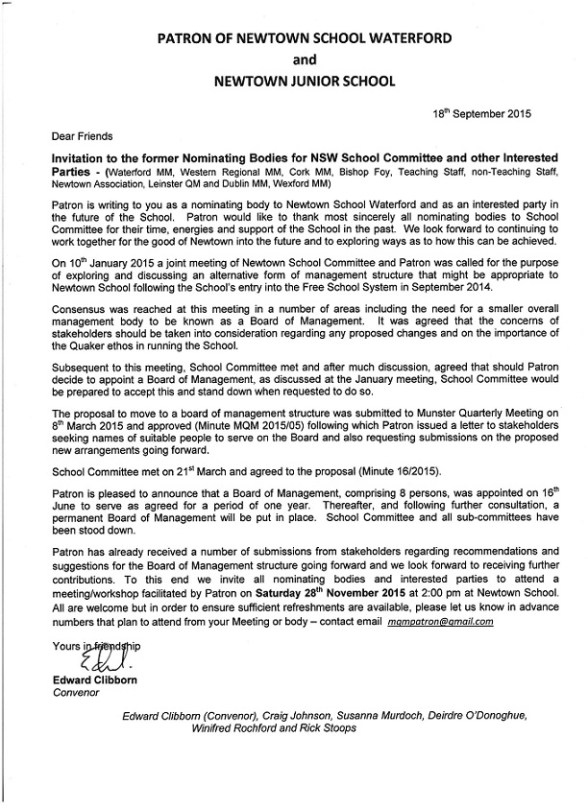 Letter from Patron of Newtown School